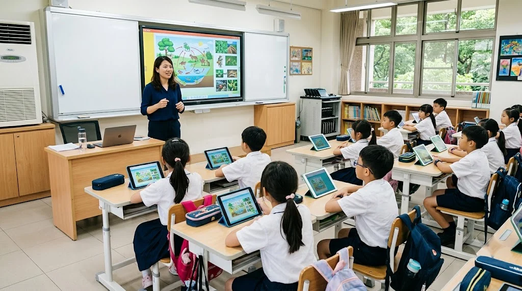 台灣國小教師在裝有互動觸控大屏的教室授課，學生桌上各有一台平板，示意數位學習導入後的教學現場