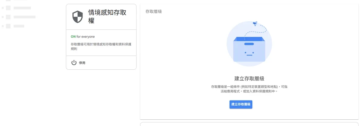管理主控台的情境感知存取權頁面，狀態顯示 ON for everyone，尚未建立任何存取層級