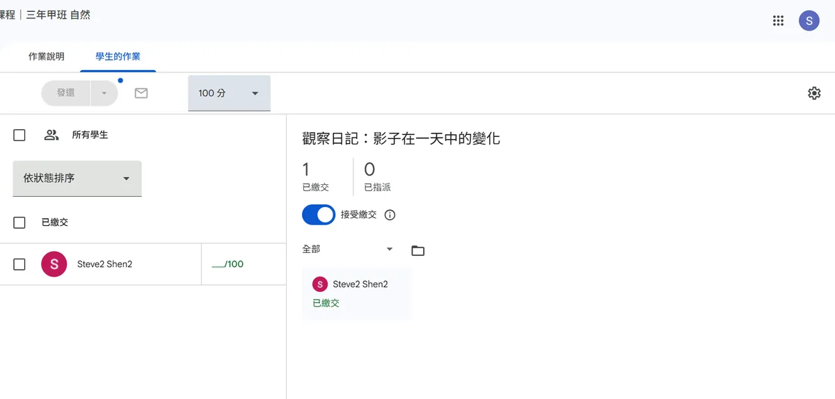 老師端「學生的作業」批改頁：上方顯示 1 位已繳交、0 位已指派與接受繳交開關，左側是學生名單與分數欄