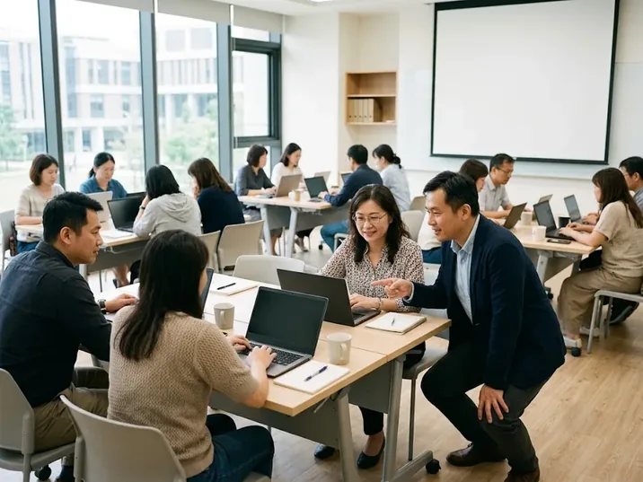 大學研習教室的分組實作情境示意圖：教師分組使用筆電，講師蹲在桌邊個別指導
