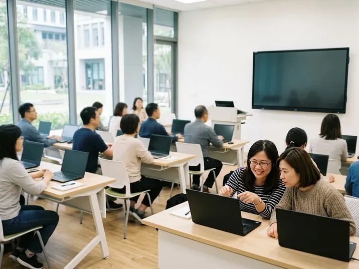 大學電腦教室的教師研習情境示意圖：教職員各自使用筆電，前排兩位參與者對著螢幕討論