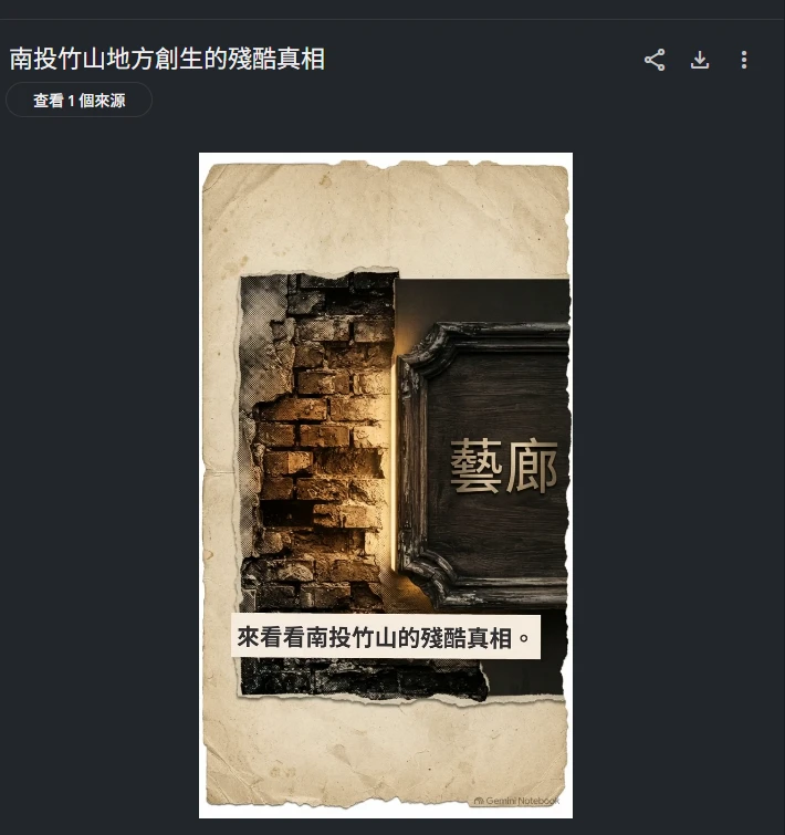 生成完成的影片摘要「南投竹山地方創生的殘酷真相」，畫面顯示標題卡與旁白字幕