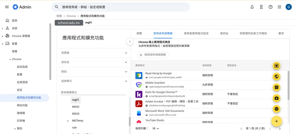 Google 管理主控台「裝置 › Chrome › 應用程式和擴充功能」頁面，列出 Read Along、Kami、Adobe Acrobat 等應用程式與各自的強制安裝或允許安裝政策