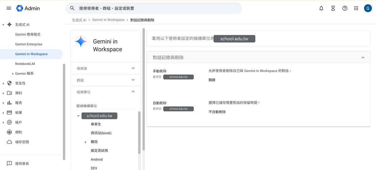 Google 管理主控台「生成式 AI › Gemini in Workspace › 對話記錄與刪除」頁面，顯示手動刪除與自動刪除兩項設定及其套用的機構單位