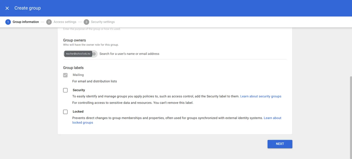 Google 管理主控台建立群組流程的群組標籤設定，可勾選 Mailing 郵件群組、Security 安全性群組與 Locked 鎖定群組三種標籤