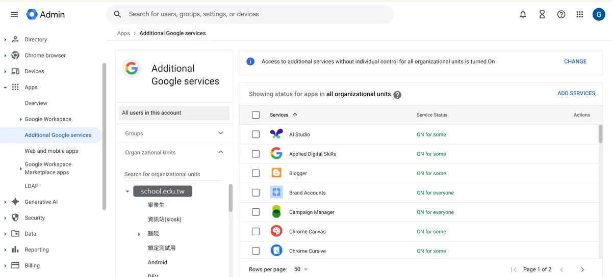 Google 管理主控台「應用程式 › 其他 Google 服務」頁面，左側可依機構單位或群組篩選，右側列出各服務的開啟狀態