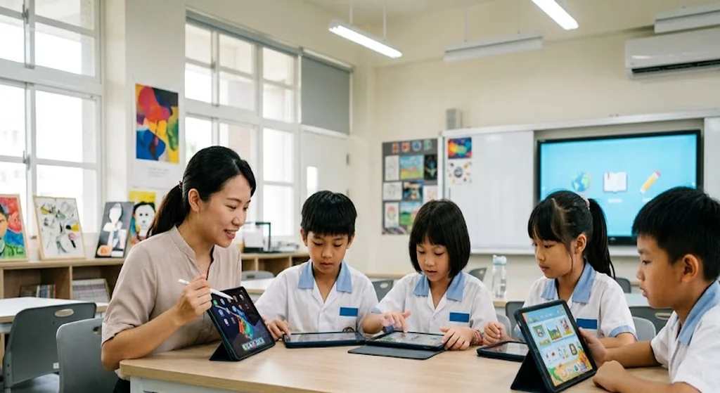 教師帶著學生用平板操作數位學習軟體的教室情境