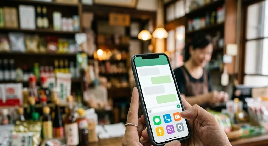 手持手機操作官方帳號圖文選單的店家情境