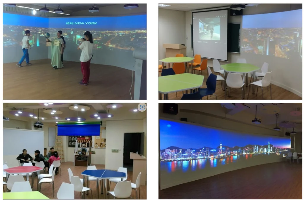 智慧情境教室實績四張照片：環景投影的紐約與香港夜景教室、可分組討論的六角桌教室、投影布幕教學場景