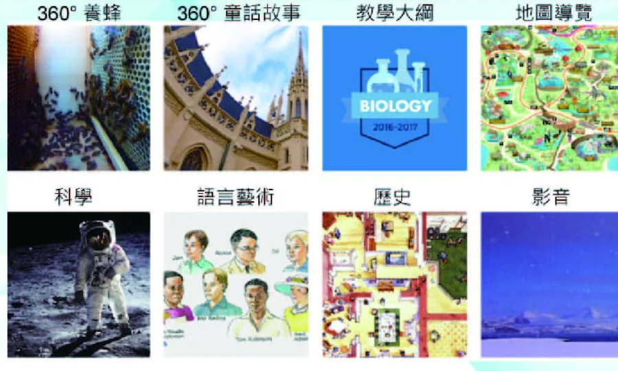 Thinglink 八種教學應用範例縮圖：360度養蜂、360度童話故事、教學大綱、地圖導覽、科學、語言藝術、歷史、影音