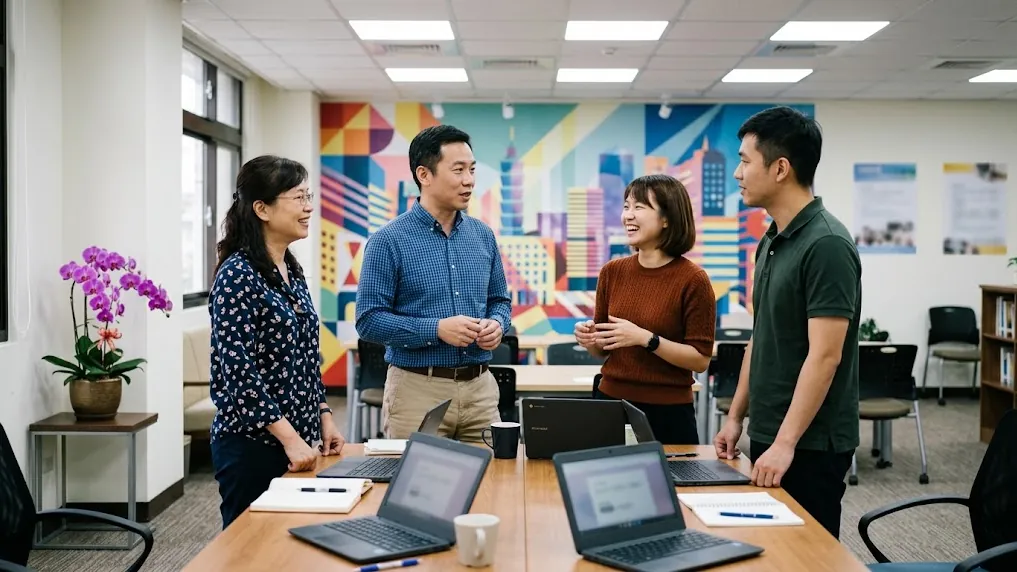 示意圖：教育科技顧問團隊在明亮的教師研習中心討論，桌上排放筆電