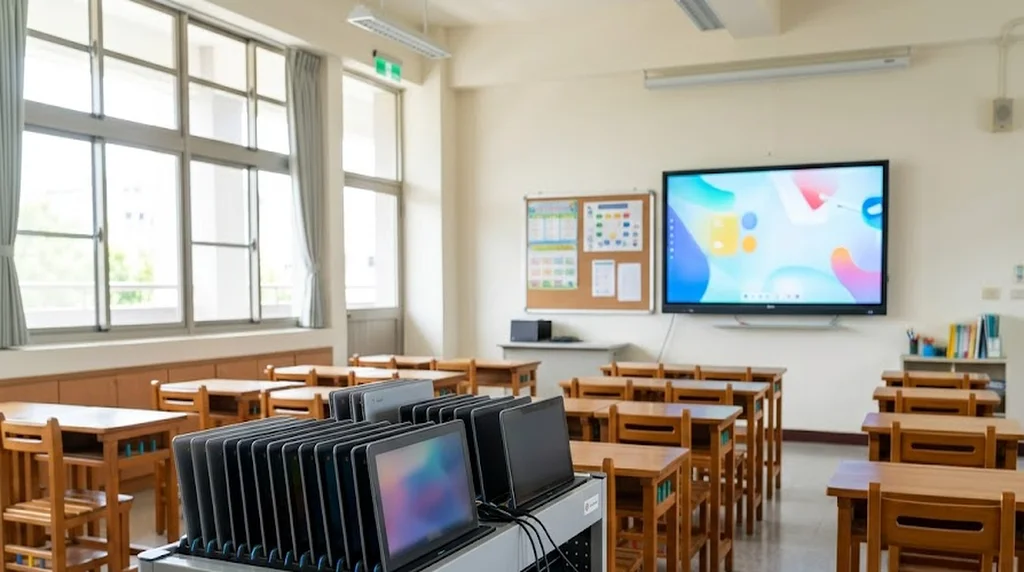 教室裡的 Chromebook 充電車與智慧觸控大屏，示意服務項目情境