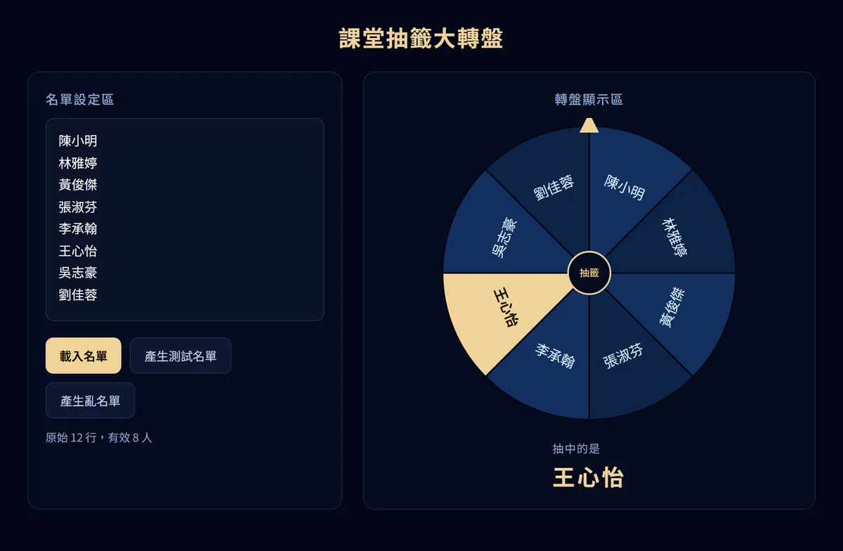 課堂抽籤大轉盤成品畫面：左邊名單設定區、右邊八格轉盤與抽中結果
